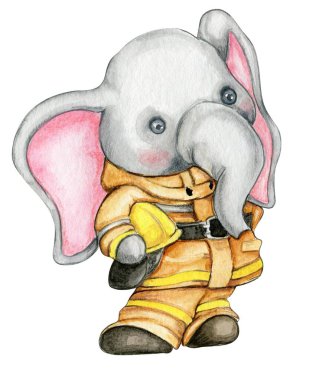 Sarı üniformalı, suluboya ateş fili. Albüm koleksiyonu için suluboya çizimi. Çocuk tasarımı için oyuncaklarla çizilmiş bir karikatür arka plan. Düğün davetiyesi için mükemmel..