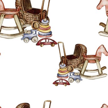 Suluboya kusursuz desen, bebek için çizgi film tarzı oyuncaklar. Suluboya el çizimi çizimi. Kumaş tasarımı, bebek partisi, doğum günü, pasta, tatil tasarımı, davetiye.