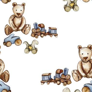 Suluboya kusursuz desen, bebek için çizgi film tarzı oyuncaklar. Suluboya el çizimi çizimi. Kumaş tasarımı, bebek partisi, doğum günü, pasta, tatil tasarımı, davetiye.