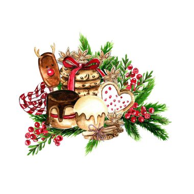 Noel için kompozisyon. Hediyeler, kekler, kekler, kurabiyeler, köknar dalları. Noel için kompozisyon. Hediyeler, kekler, çörekler, çerezler, köknar dalları. Suluboya elle çizilmiş resimler. Kış tatili.