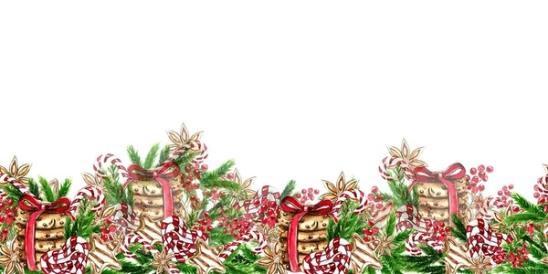 Sfondo Orizzontale Senza Cuciture Natale Capodanno Illustrazione Disegnata Mano Acquerello — Foto Stock