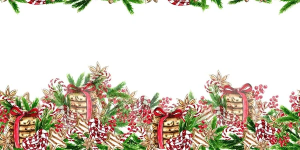 Horizontale Nahtlose Hintergrund Für Weihnachten Und Neujahr Aquarell Handgezeichnete Illustration — Stockfoto