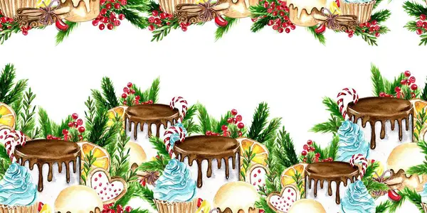 Horizontal Seamless Background Christmas New Year Watercolor Hand Drawn Illustration — Stock Photo, Image