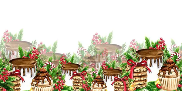 Horizontální Bezešvé Pozadí Pro Vánoce Nový Rok Akvarel Ručně Kreslené — Stock fotografie