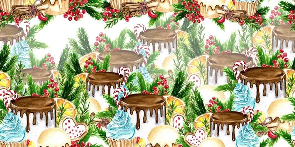 Horizontal Seamless Background Christmas New Year Watercolor Hand Drawn Illustration — Stock Photo, Image