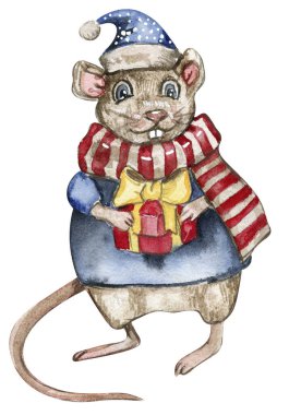 Karikatür tarzında suluboya Noel fareleri. Kartlar, arka planlar, hatıra defterleri ve senin tasarımın için suluboya Noel çizimi. Düğün davetiyesi için mükemmel..