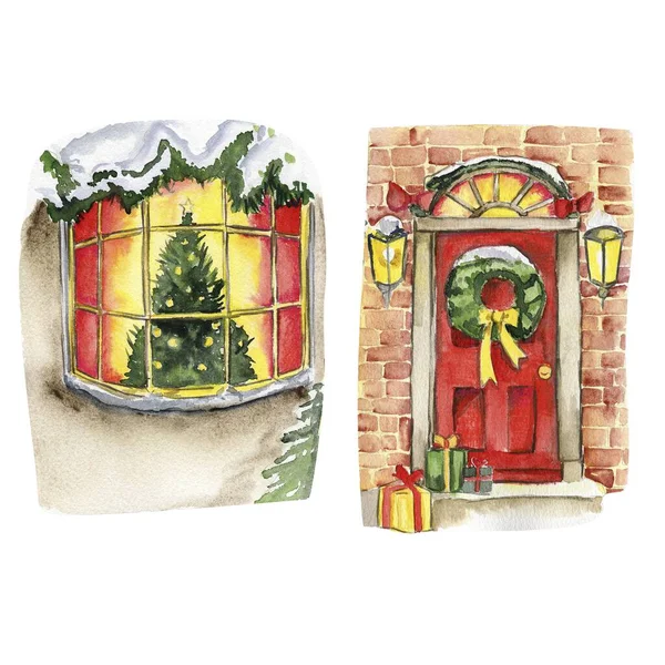 Kışın pencere, sarı ışık ve kırmızı kapı. Kartlar, arka planlar, hatıra defterleri ve senin tasarımın için suluboya Noel çizimi. Düğün davetiyesi için mükemmel..