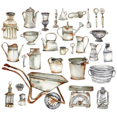 El boyası suluboya paslı eski elementler. Paslı bir diş minesi elementi. Düğün davetiyesi, tebrik kartı, poster, parti dekorasyonu için mükemmel..