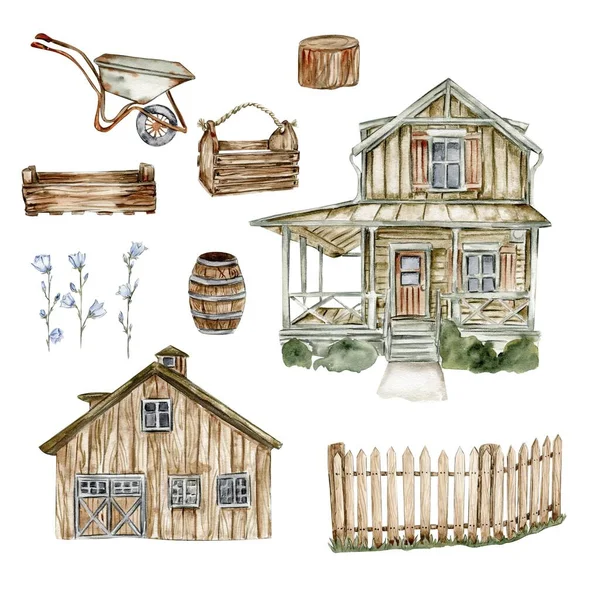 Watercolor illustration of an old country wooden house and farm elements. Hand drawn illustration perfect for wedding invitation, greetings card, posters.