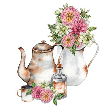 Suluboya paslı eski elementler ve yıldız çiçeği bileşimi. El çizimi ya da bir yaz bahçesi. Doğum günü partisi için tasarım, pasta, bayram kutlama tasarımı, tebrik kartı, davetiye.