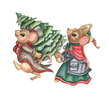 Karikatür tarzında suluboya Noel fareleri. Kartlar, arka planlar, hatıra defterleri ve senin tasarımın için suluboya Noel çizimi. Düğün davetiyesi için mükemmel..