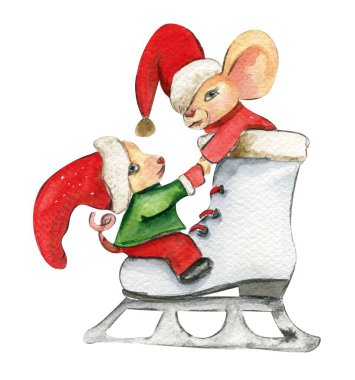 Karikatür tarzında suluboya Noel fareleri. Kartlar, arka planlar, hatıra defterleri ve senin tasarımın için suluboya Noel çizimi. Düğün davetiyesi için mükemmel..