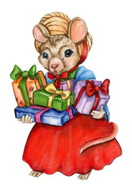 Karikatür tarzında suluboya Noel fareleri. Kartlar, arka planlar, hatıra defterleri ve senin tasarımın için suluboya Noel çizimi. Düğün davetiyesi için mükemmel..