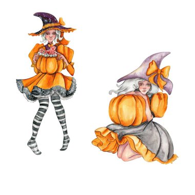 Cadılar Bayramı şapkalı kaşıntı. Suluboya el çizimi çizimi. Koleksiyon defteri, çocuk tasarımı, düğün davetiyesi, posterler, tebrik kartları, parti dekorasyonu için mükemmel..