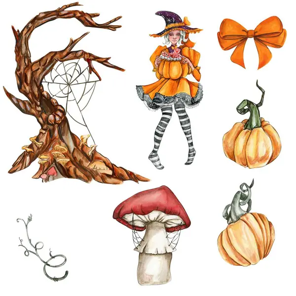 Watercolor hand drawn set of autumn with dry wood, pumpkins, mushroom and witch. Hand drawn illustration of autumn. Halloween illustration for sticker, invitation, poster, packaging, designs, cards