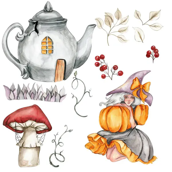 Watercolor hand drawn set of autumn with cracked teapot, pumpkins, mushroom and witch. Hand drawn illustration of autumn. Halloween illustration for sticker, invitation, poster, packaging, designs, cards
