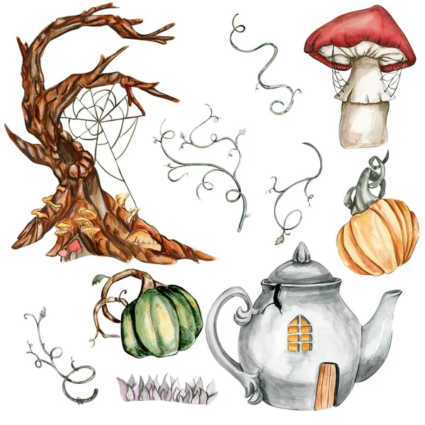 Watercolor hand drawn set of autumn with dry wood, pumpkins, mushroom . Hand drawn illustration of autumn. Halloween illustration for sticker, invitation, poster, packaging, designs, cards