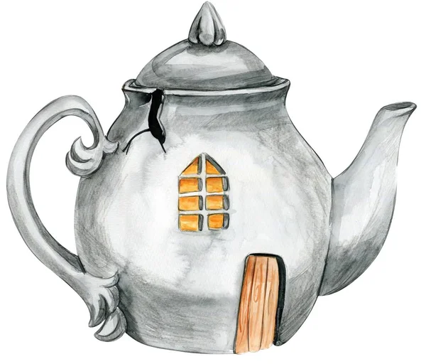 Aquarell Handgezeichnet Herbst Rissige Teekanne Mit Fenster Und Tür Handgezeichnete — Stockfoto