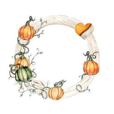 Portakal unsurlarıyla sonbahar çelengi. Kartlar, arka planlar için. Albüm koleksiyonu için suluboya çizimi. Düğün davetiyesi için mükemmel..