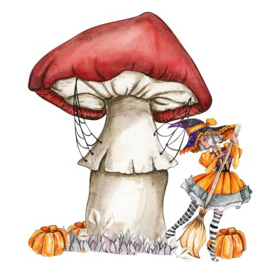 Sonbaharın suluboya el kompozisyonu balkabağı, mantar ve cadıyla çizilmiş. Sonbaharın el çizimi. Etiket, davetiye, poster, ambalaj, tasarımlar, kartlar için Cadılar Bayramı illüstrasyonu