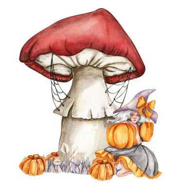 Sonbaharın suluboya el kompozisyonu balkabağı, mantar ve cadıyla çizilmiş. Sonbaharın el çizimi. Etiket, davetiye, poster, ambalaj, tasarımlar, kartlar için Cadılar Bayramı illüstrasyonu