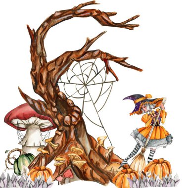 Sonbaharın suluboya el kompozisyonu balkabağı, mantar ve cadıyla çizilmiş. Sonbaharın el çizimi. Etiket, davetiye, poster, ambalaj, tasarımlar, kartlar için Cadılar Bayramı illüstrasyonu