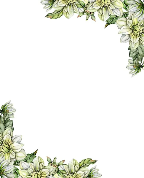 Flowers square frame with dahlia, watercolor illustration for cards, backgrounds. Watercolor illustration for scrapbooking. Hand drawn background with flower for your design. Perfect for wedding invitation.