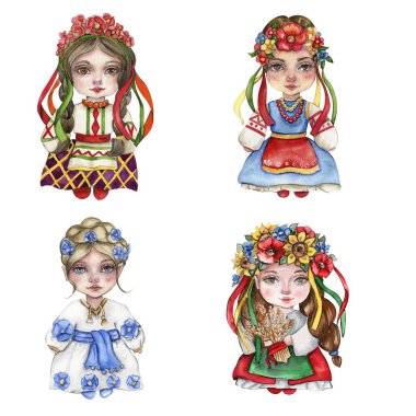 Ulusal Ukrayna kostümlü suluboya el çizimi kız cüce. Doğum günü partisi için tasarım, pasta, bayram kutlama tasarımı, tebrik kartı, davetiye.