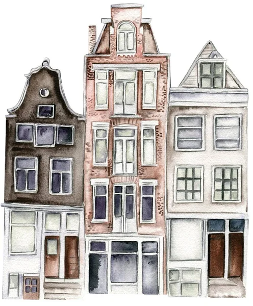 Illustration of an old building europe houses. Amsterdam old street view with different houses and facades. Hand drawn watercolor elements. Perfect for wedding invitation, greetings card, posters