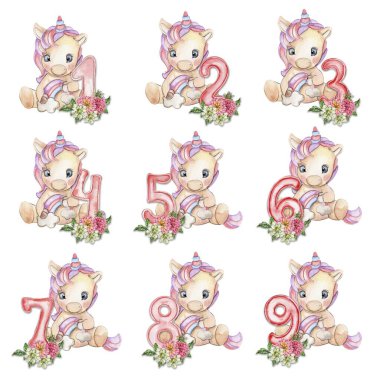 Suluboya el, yıldız çiçekleri ve sayı kompozisyonu olan şirin, küçük bir bebek unicorn çizdi. Doğum günü partisi tasarımı, pasta, çocuk odası dekorasyonu, poster, kumaş..