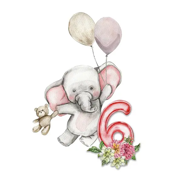 Mão Aquarela Desenhado Pequeno Elefante Bebê Com Flores Dahlia Composição — Fotografia de Stock