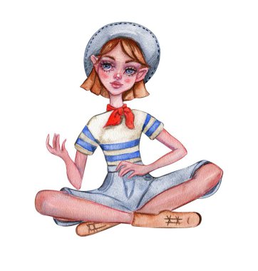 Suluboya el, küçük bir kızı oturturken çekildi. Modaya uygun bir çocuk. Şık bir eskiz. Moda illüstrasyonu. Bebek partisi için tasarım, doğum günü, pasta, bayram kutlama tasarımı, posterler, tebrik kartı, davetiye.