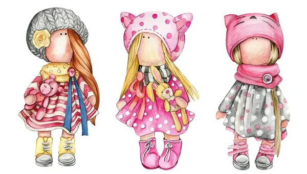 Watercolor hand drawn doll Tilda in dress set. Hand drawn illustration isolated on white. Design for baby shower party, birthday, cake, holiday celebration design, greetings card,invitation.
