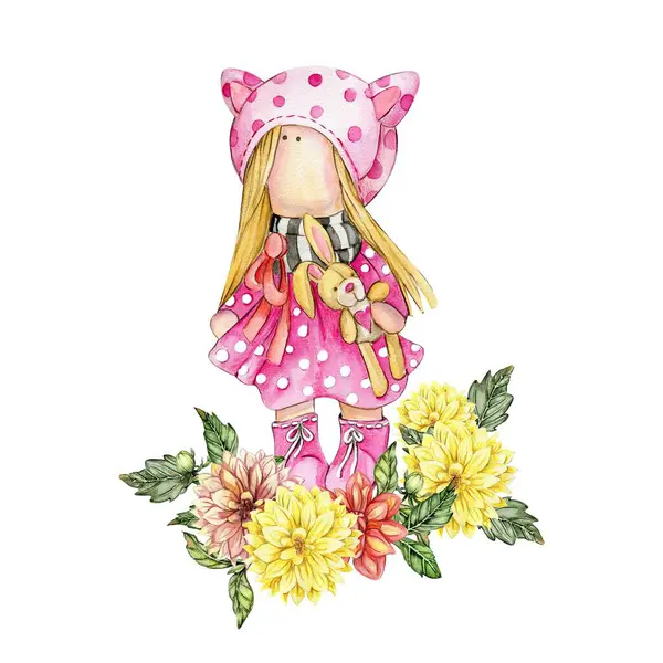Composition of doll Tilda in dress and dahlia flowers. Hand drawn watercolor illustration . Design for baby shower party, birthday, cake, holiday celebration design, greetings card, invitation, stickers, posters.