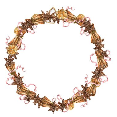 Tarçın çubuklu Noel çelengi, kartlar için suluboya resim, arka plan, hatıra defteri. Tasarımın için yeni yıl bitkileri ve böğürtlenleri ile el çizimi arka plan.