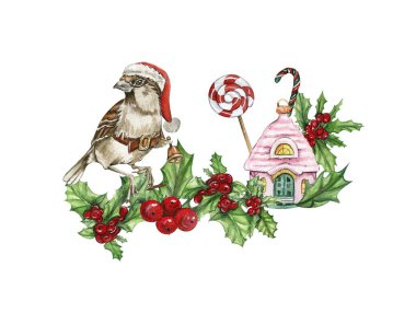 Kırmızı Noel şapkalı kuş serçesiyle Noel kompozisyonu. El yapımı suluboya elementler. Düğün davetiyesi, tebrik kartı, poster, parti dekorasyonu için mükemmel..