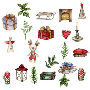 Noel için bir takım elementler. Bitkiler, hediyeler, bebek geyikler, lamba. Koleksiyon defteri için suluboya el çizimi, tasarımınız, düğün davetiyeniz, poster, parti dekorasyonu.