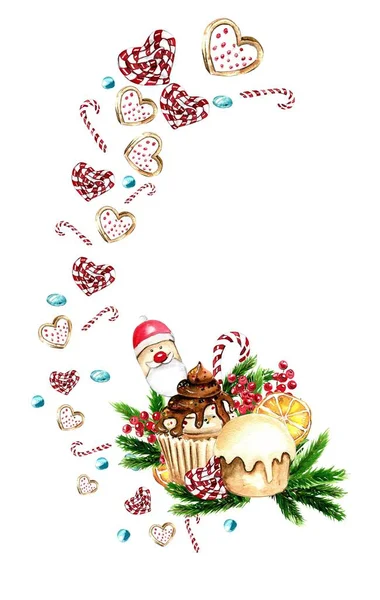 Composition for Christmas. Gifts, cupcake, cake,cookies,fir branches. Composition for Christmas. Gifts, cupcake, cake,cookies, fir branches. Watercolor hand drawn illustration. Winter holiday.