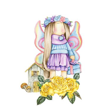 Tilda bebeğin elbise ve gül çiçekli kompozisyonu. El çizimi suluboya çizimi. Bebek partisi için tasarım, doğum günü, pasta, bayram kutlama tasarımı, tebrik kartı, davetiye, çıkartmalar, posterler.