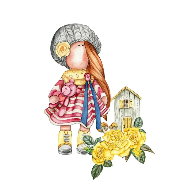 Composition of doll Tilda in dress and rose flowers. Hand drawn watercolor illustration. Design for baby shower party, birthday, cake, holiday celebration design, greetings card, invitation, stickers, posters.