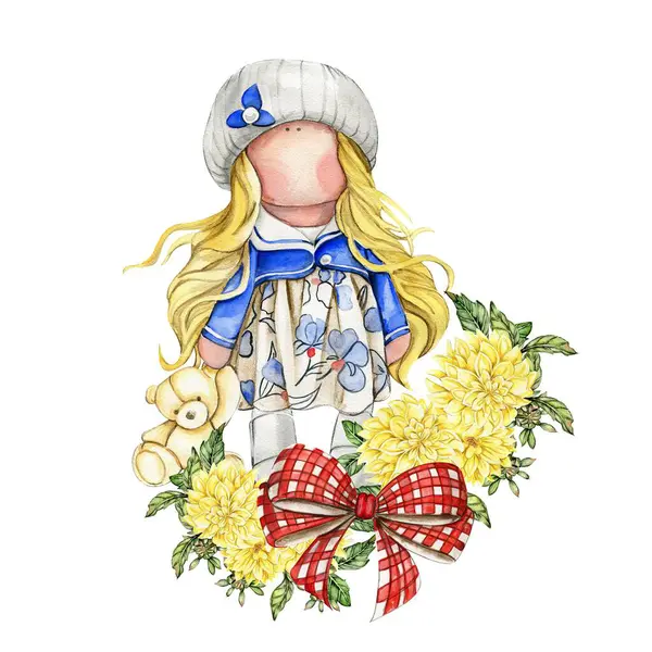 Composition of doll Tilda in dress and dahlia flowers. Hand drawn watercolor illustration. Design for baby shower party, birthday, cake, holiday celebration design, greetings card, invitation, stickers, posters.
