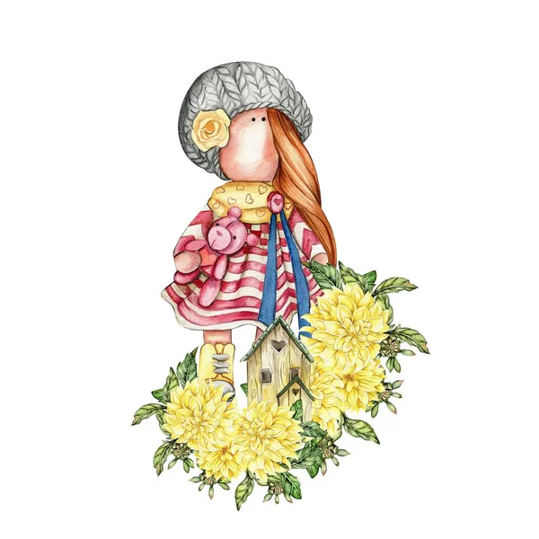 Composition of doll Tilda in dress and dahlia flowers. Hand drawn watercolor illustration. Design for baby shower party, birthday, cake, holiday celebration design, greetings card, invitation, stickers, posters.