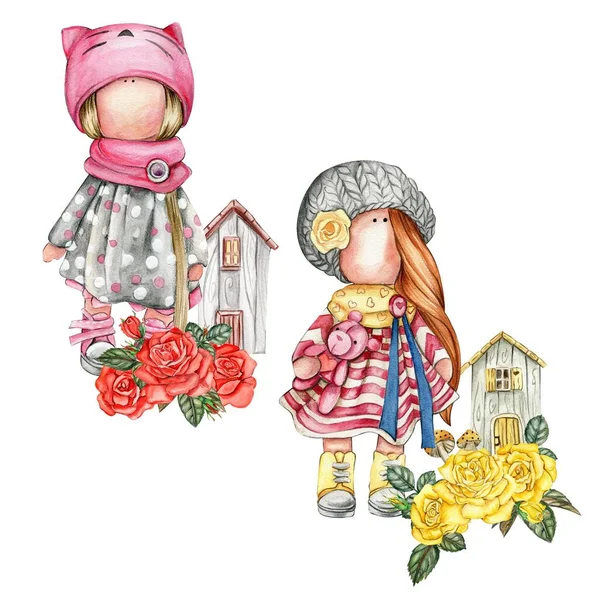 Composition of doll Tilda in dress and rose flowers. Hand drawn watercolor illustration. Design for baby shower party, birthday, cake, holiday celebration design, greetings card, invitation, stickers, posters.