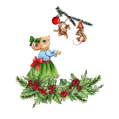 Karikatür tarzında suluboya Noel fareleri. Kağıt, arkaplan, hatıra defteri ve tasarımınız için suluboya Noel çizimi.