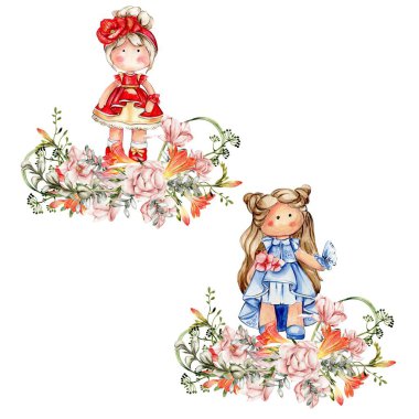 Tilda 'nın elbise giymiş hali ve frezya çiçekleri. El çizimi suluboya çizimi. Bebek partisi için tasarım, doğum günü, pasta, bayram kutlama tasarımı, tebrik kartı, davetiye, çıkartmalar, posterler.