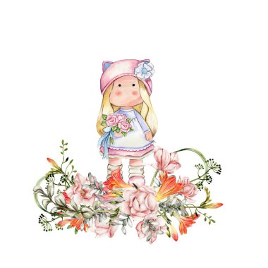 Tilda 'nın elbise giymiş hali ve frezya çiçekleri. El çizimi suluboya çizimi. Bebek partisi için tasarım, doğum günü, pasta, bayram kutlama tasarımı, tebrik kartı, davetiye, çıkartmalar, posterler.