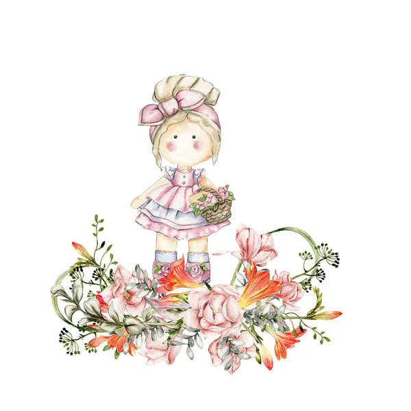 Composition of doll Tilda in dress and freesia flowers. Hand drawn watercolor illustration. Design for baby shower party, birthday, cake, holiday celebration design, greetings card, invitation, stickers, posters.