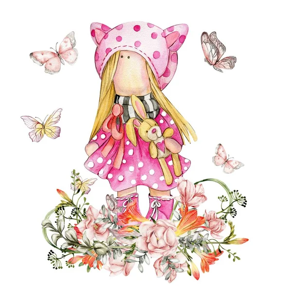 Composition of doll Tilda in dress and freesia flowers. Hand drawn watercolor illustration. Design for baby shower party, birthday, cake, holiday celebration design, greetings card, invitation, stickers, posters.