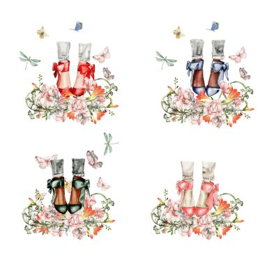 Yüksek topuklu ve çiçekli suluboya bacaklar. Moda ve stil çizimi, giysi ve aksesuarlar. Ayakkabılar. Tebrik kartları, davetiyeler, posterler, parti dekorasyonu için mükemmel..