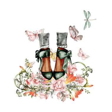 Yüksek topuklu ve çiçekli suluboya bacaklar. Moda ve stil çizimi, giysi ve aksesuarlar. Ayakkabılar. Tebrik kartları, davetiyeler, posterler, parti dekorasyonu için mükemmel..
